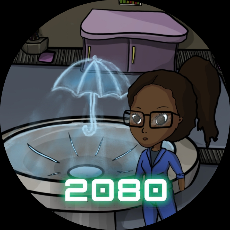 Screenshot of a female astronaut standing next to a hologram of an umbrella. The caption is '2080'