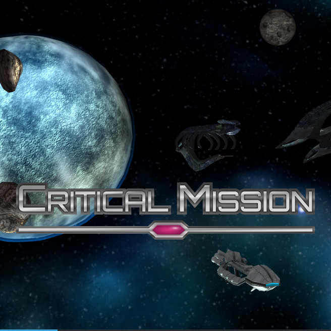 A screenshot of a planet and several small starships and the caption 'Critical Mission'