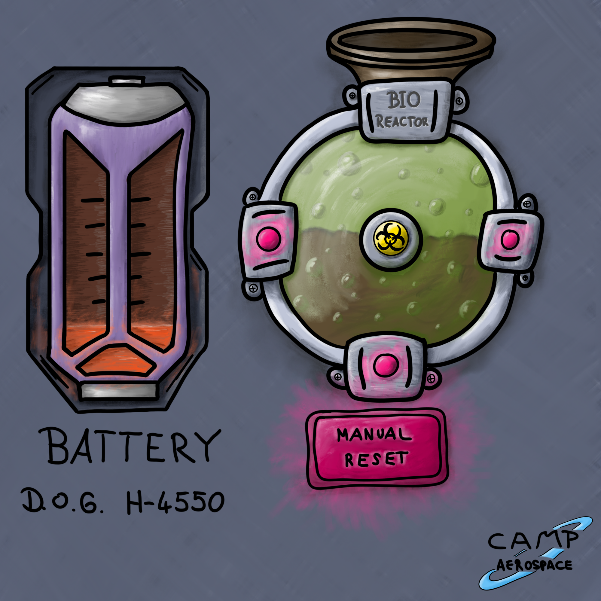 A grey panel that shows a low battery on the left side and a bio reactor container on the right side. On the bottom, there is a button with the label 'Manual Reset'