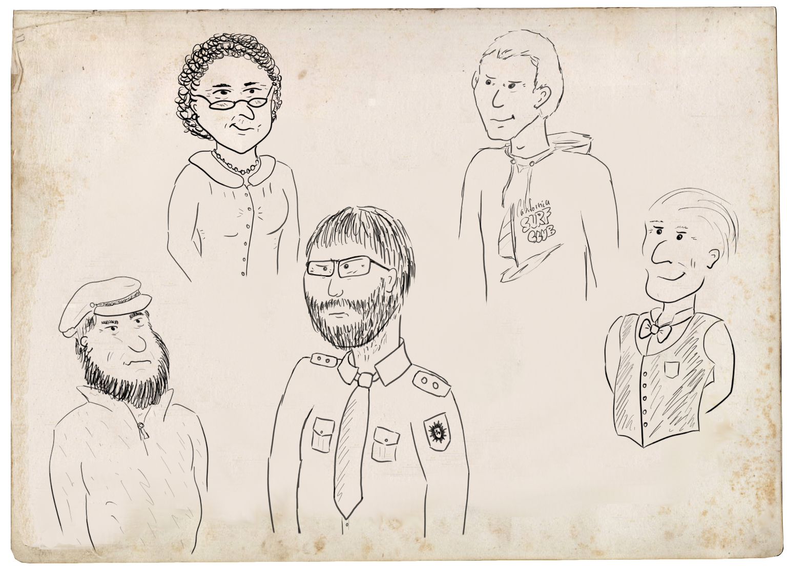 A collection of 5 outlined portraits: One sailor, one old woman, a police officer, a young man in a hoodie and an old man wearing a waistcoat.