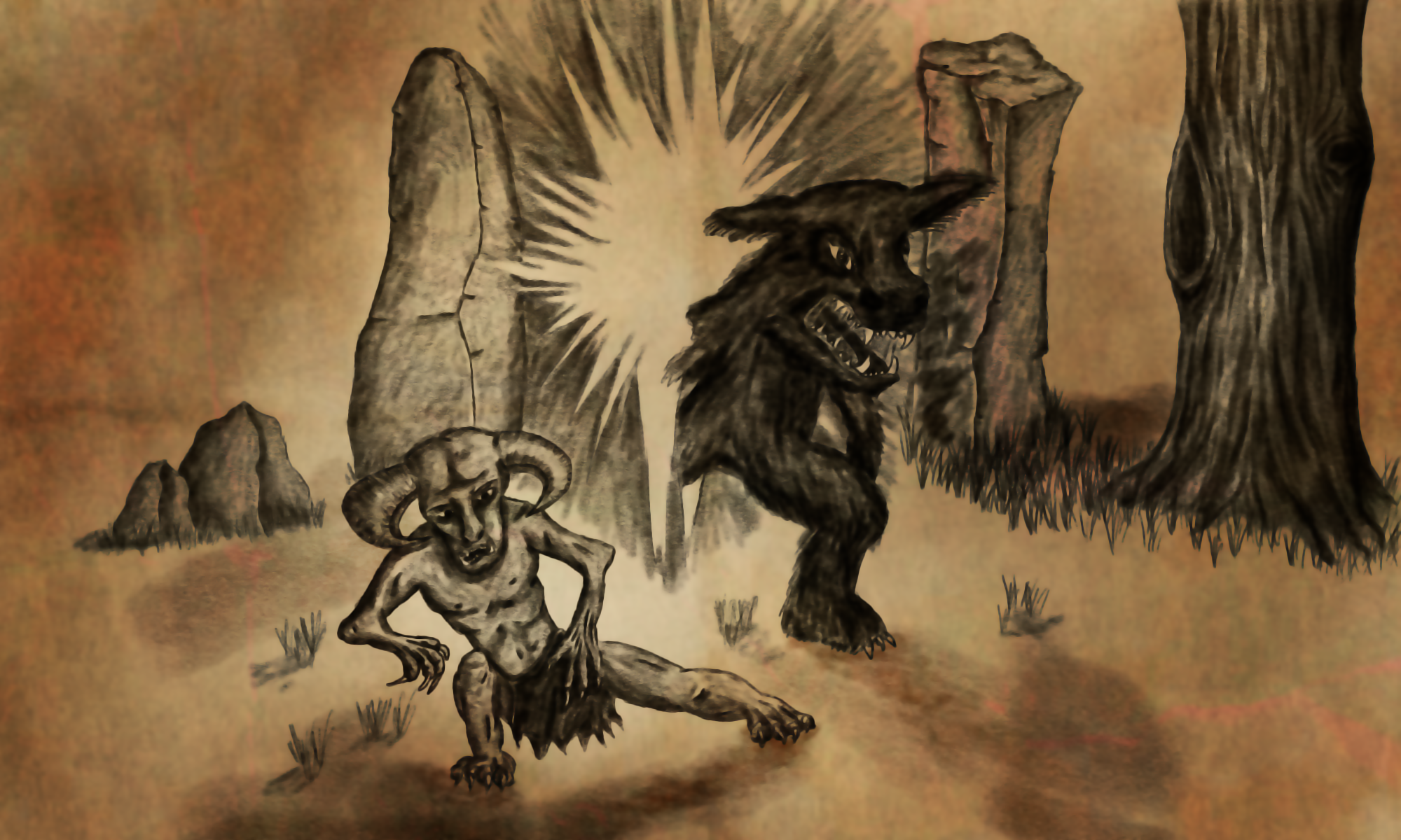 A glowing portal between big rocks. A horned daemon and a furry werewolf appear in the portal.