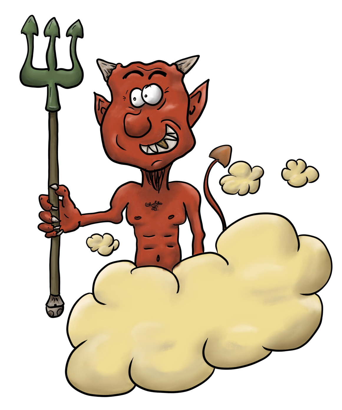 A smiling, red, daemonic creature with horns attached to the head and a trident in its hand, partly covered by yellow clouds.