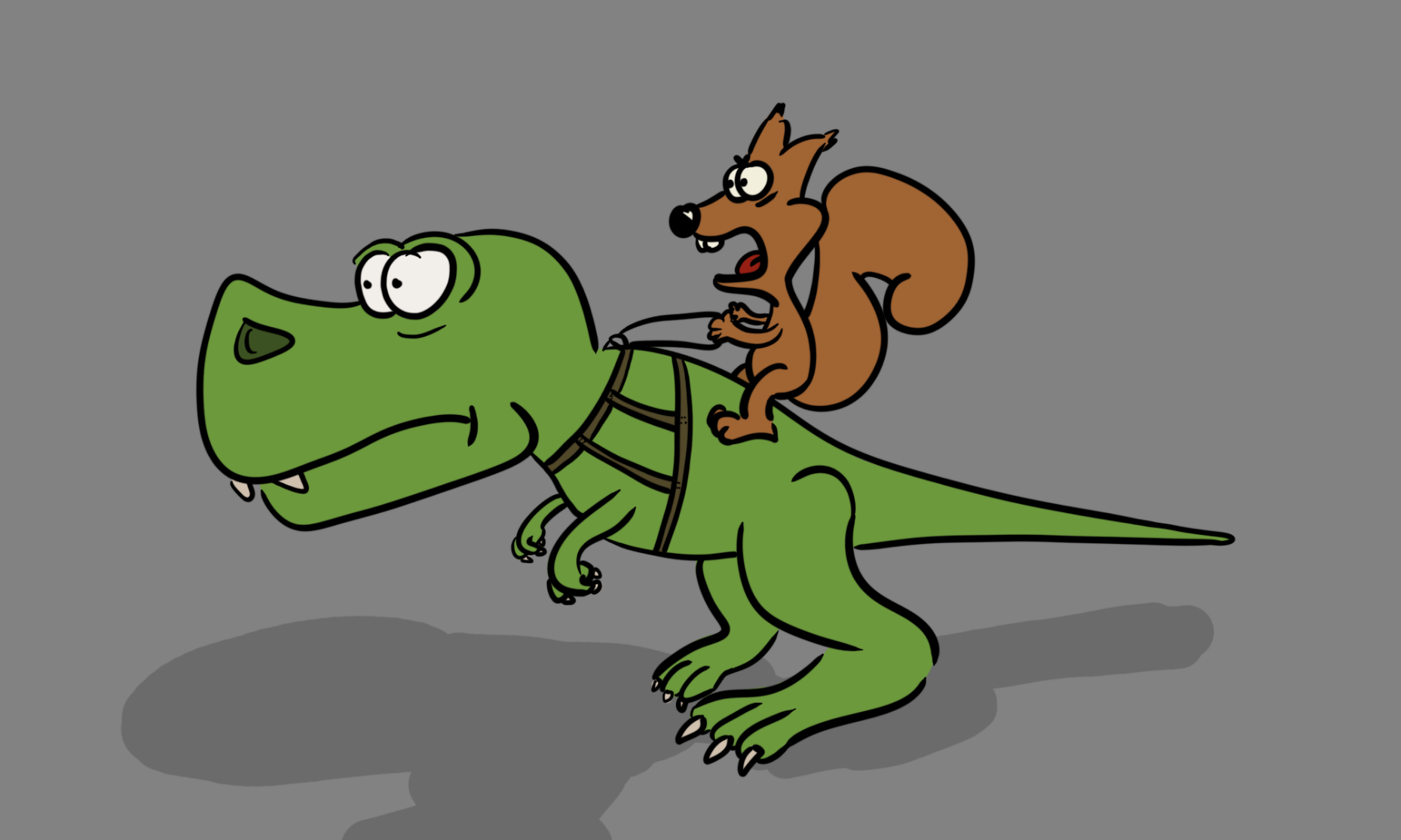 A squirrel riding a green T-Rex