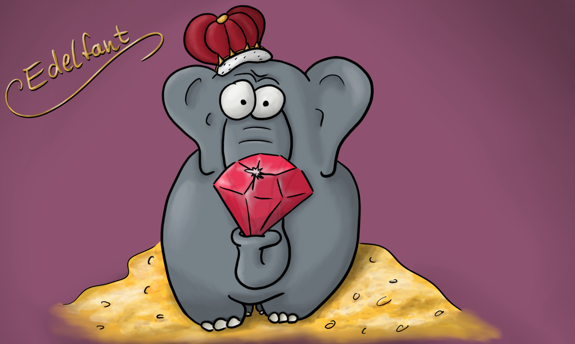 An elephant with a crown and a red-glowing gem. The title is 'Edelfant' (a german pun for noble elephant)