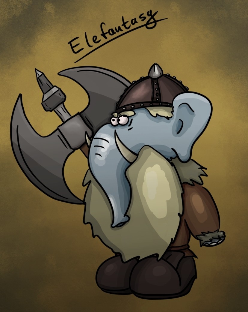 An elephant that looks like a barbarian with an axe, a helmet and a beard.