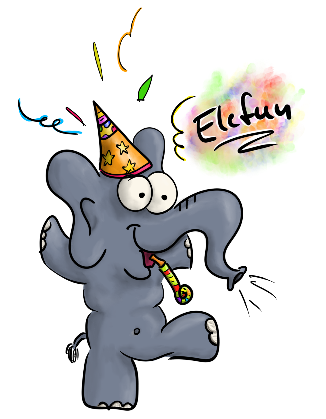 An elephant with a party hat and a party horn, captioned: 'Elefun'