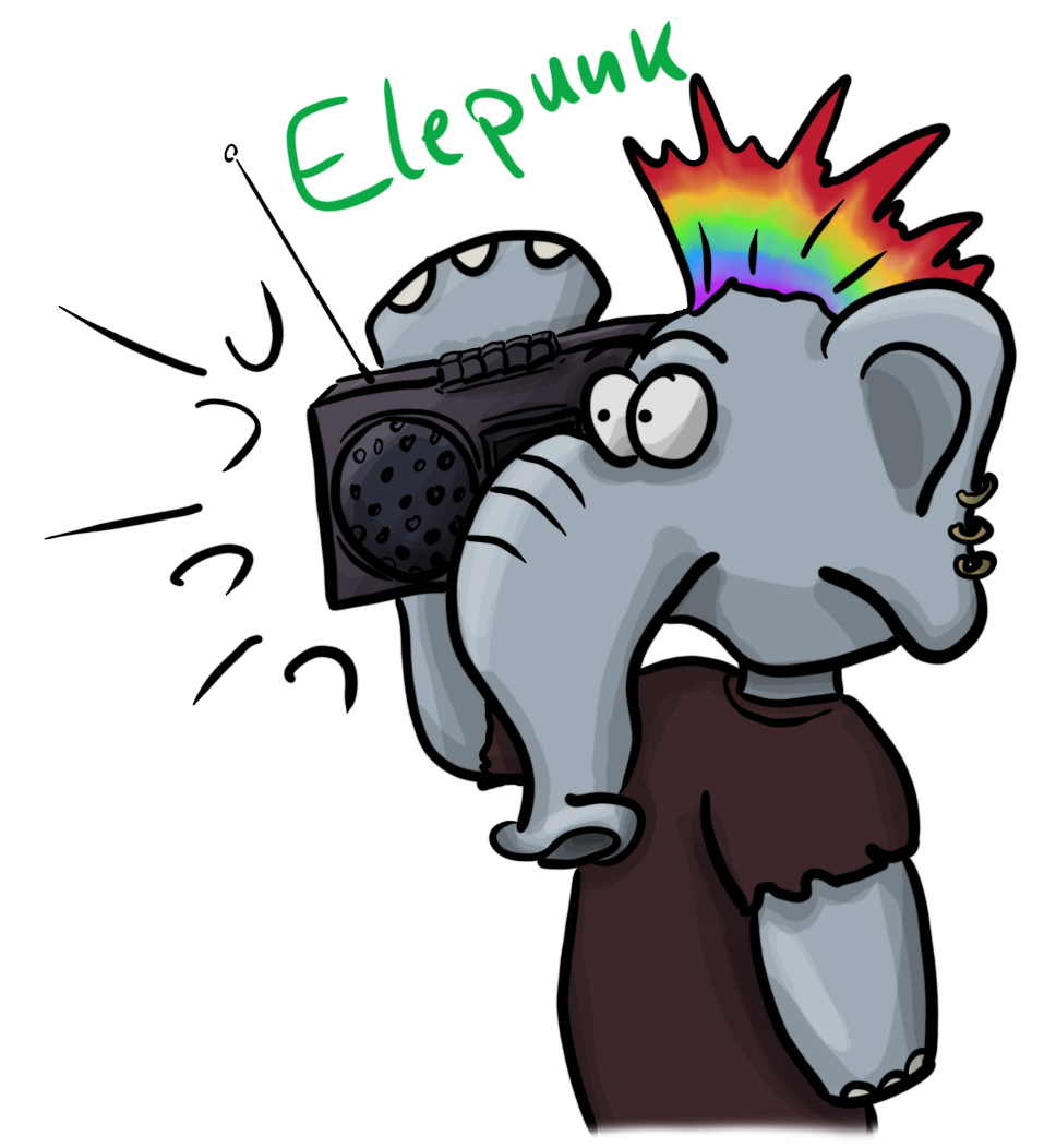 An elephant with a mohawk haircut, earrings and a boombox on the shoulder