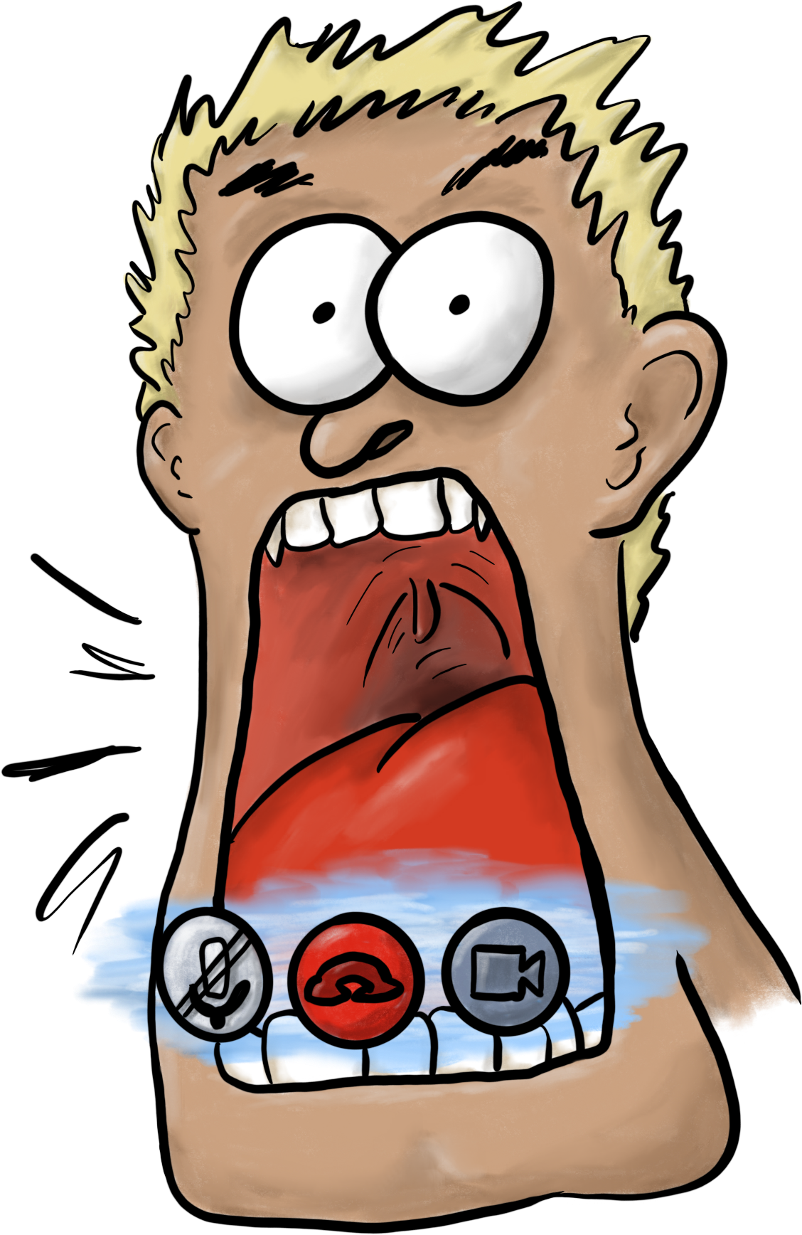 A screaming face with web-call buttons over his mouth.