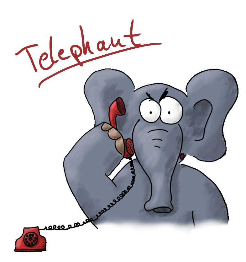 An angry-looking elephant with an old red telephone, captioned: 'Telephant'