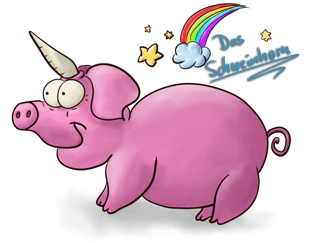 A pig with a shiny horn on its forehead.