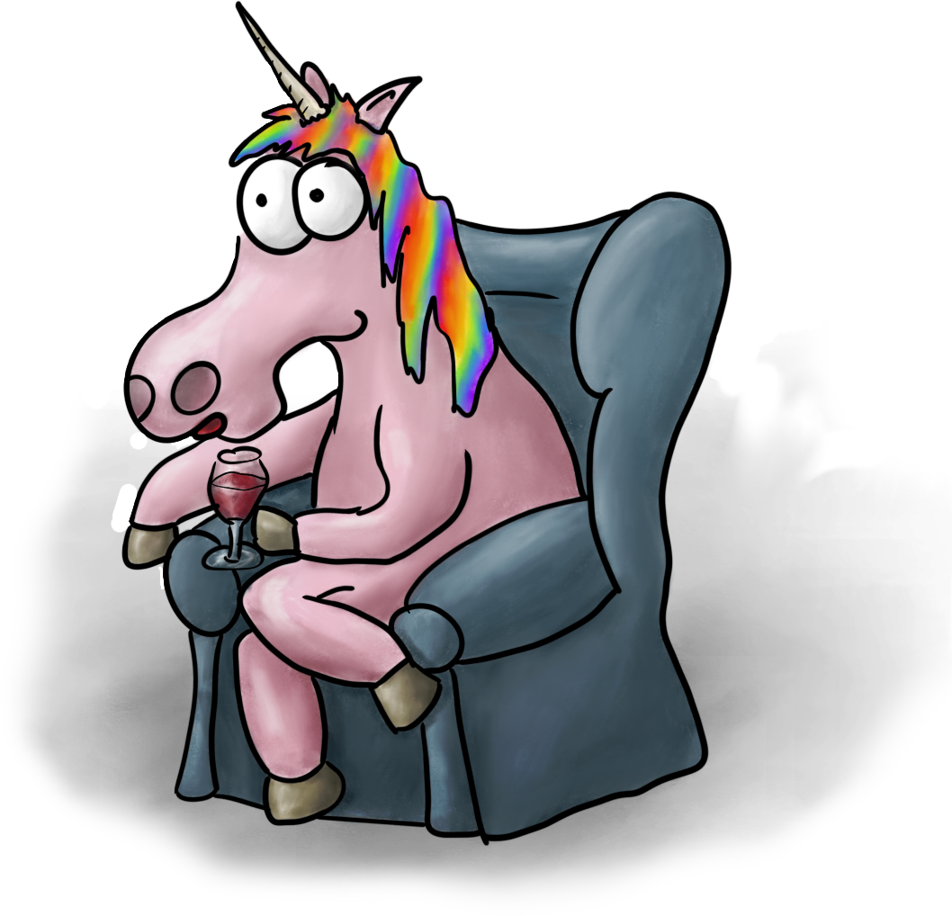A unicorn in an armchair with a glass of wine