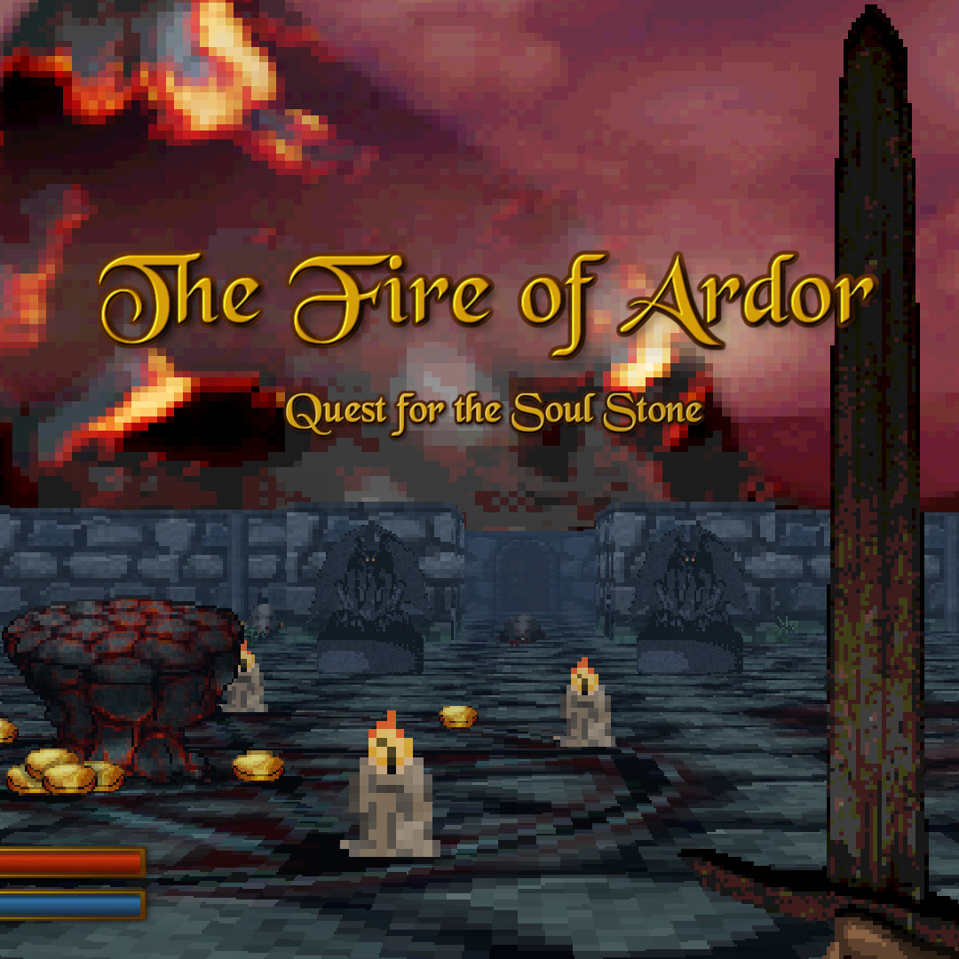 Screenshot of a raycasting-rendered game, showing a first-person view of a character with a sword in a town with a red sky