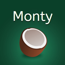 A stylyzed coconut half on a green background, captioned with 'Monty'