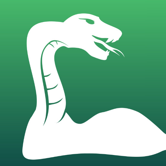A stylized white rattlesnake on a green background