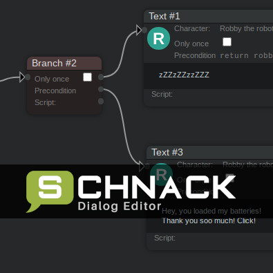 A screenshot of a node-based editor with the title 'Schnack Dialog Editor'
